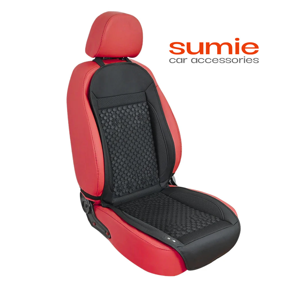 Red and black car icy seat cover with 'sumie' branding on a white background