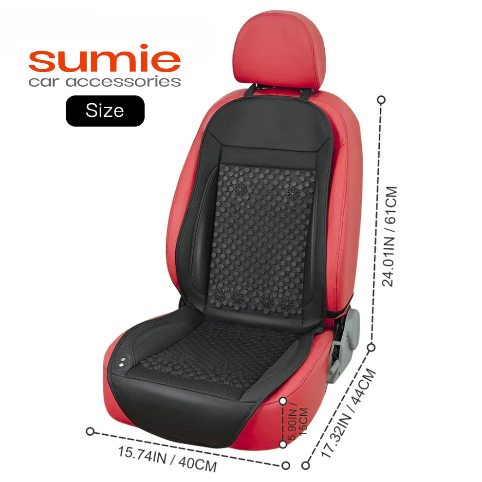 Red and black car icy seat cover with measurements on a white background, featuring the brand 'sumie'.
